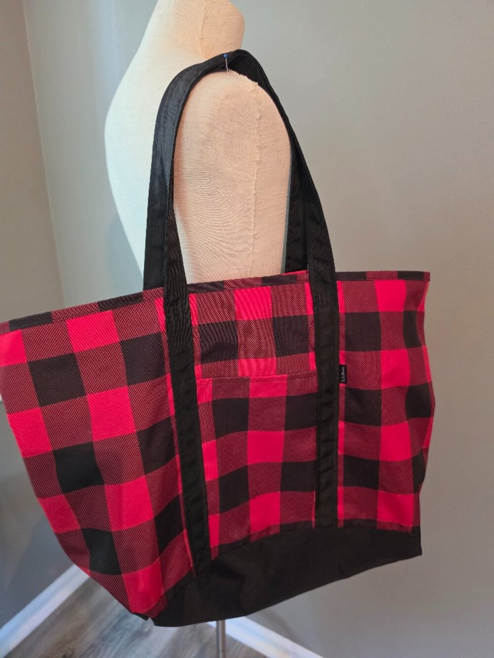 L.L.Bean Red Black Buffalo Plaid Large Boat Tote Bag Shoulder Carryall
